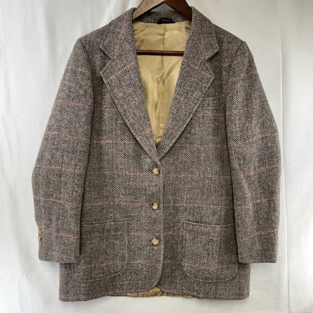 Harris Tweed Blazer Women L Grey Pink Herringbone Plaid Wool Gathered Back Yoke